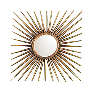 Three's a party with this decorative mirror set. Three individual wall sculptures dance a burnished goldtone performance, each showcasing a central mirror cut into mid-century modern squares. Cluster together for a three-act scene, or spread apart for glam touches throughout the home. Suspend straight on or diagonally for a custom small-space wallscape over the sofa, or in the hall or kitchen. Distressed and crimped finishes will vary from piece to piece, crafting a one-of-a-kind feel.Set of 3 | Made of iron sheet, 3-mm mirror and engineered wood | Antiqued goldtone finish | Hang straight or diagonally | Ready to hang | No assembly required