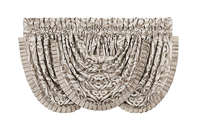 Evoking a mood of bygone elegance, the J. Queen New York Astoria Window Waterfall Valance brings the past beautifully into the present. Sure to add a decorator touch to your home, this damask patterned window valance with waterfall draping is crafted with care for the upscale aesthetic you desire. Made of polyester | Dry clean only | Imported | Fits a rod up to 3" in diameter | Matching curtain panels available, sold separately