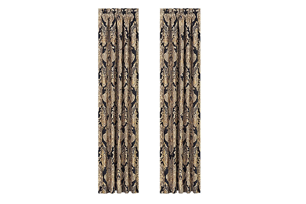 Evoking a mood of bygone elegance, the J. Queen New York Bradshaw - Black 84" Window Panel Pair brings the past beautifully into the present. Sure to add a decorator touch to your home, this set of damask patterned window panels is crafted with care, always cut from the same starting point to ensure panels match when hung side by side. Lined for privacy and designed to fit rods up to 3" in diameter. Sold as a pair (2 window panels) | Made of polyester | Fits a rod up to 3" in diameter | Opaque white lining | Matching tiebacks included | Matching valance available, sold separately | Dry clean only | Imported