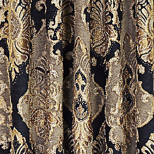 Evoking a mood of bygone elegance, the J. Queen New York Bradshaw - Black 84" Window Panel Pair brings the past beautifully into the present. Sure to add a decorator touch to your home, this set of damask patterned window panels is crafted with care, always cut from the same starting point to ensure panels match when hung side by side. Lined for privacy and designed to fit rods up to 3" in diameter. Sold as a pair (2 window panels) | Made of polyester | Fits a rod up to 3" in diameter | Opaque white lining | Matching tiebacks included | Matching valance available, sold separately | Dry clean only | Imported