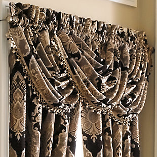 Evoking a mood of bygone elegance, the J. Queen New York Bradshaw - Black Window Waterfall Valance brings the past beautifully into the present. Sure to add a decorator touch to your home, this damask patterned window valance with waterfall draping is crafted with care and trimmed with tri-color tassel/ball fringe.Made of polyester | Trimmed with tri-color tassels ball fringe | Matching curtain panels available, sold separately | Dry clean only | Imported