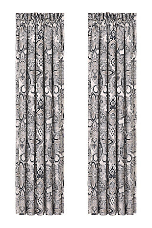 Evoking a mood of bygone elegance, the J. Queen New York Guiliana 84" Window Panel Pair brings the past beautifully into the present. Sure to add a decorator touch to your home, this set of medallion patterned window panels is crafted with care, always cut from the same starting point to ensure panels match when hung side by side. Lined for privacy and designed to fit rods up to 3" in diameter. Sold as a pair (2 window panels) | Made of polyester | Fits a rod up to 3" in diameter | Opaque white lining | Matching tiebacks included | Matching valance available, sold separately | Dry clean only | Imported