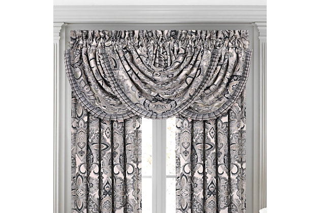 Evoking a mood of bygone elegance, the J. Queen New York Guiliana Window Waterfall Valance brings the past beautifully into the present. Sure to add a decorator touch to your home, this medallion patterned window valance with waterfall draping is crafted with care and trimmed with tri-color tassel/ball fringe.Made of polyester | Trimmed with tri-color tassels ball fringe | Matching curtain panels available, sold separately | Dry clean only | Imported