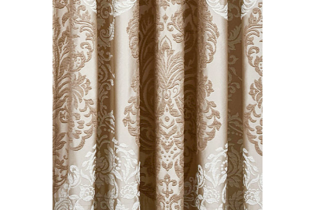 Evoking a mood of bygone elegance, the J. Queen New York Marquis 84" Window Panel brings the past beautifully into the present. Sure to add a decorator touch to your home, this set of damask patterned window panels is crafted with care, always cut from the same starting point to ensure panels match when hung side by side. Made with 3" headers and 3" rod pockets, these panels include an opaque white lining for privacy.Sold as a pair (2 window panels) | Made of polyester | Pocket rod design (3" headers and 3" rod pockets) | Opaque white lining | Dry clean only | Imported | Matching valance available, sold separately