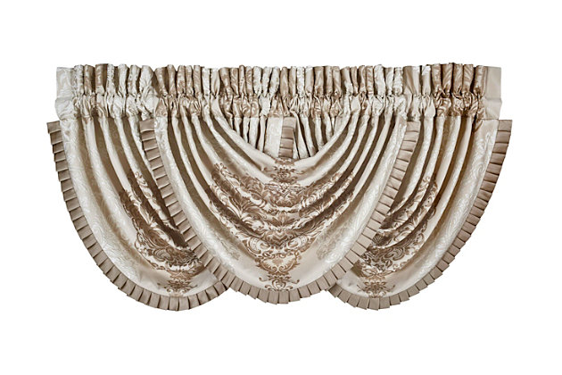 Evoking a mood of bygone elegance, the J. Queen New York La Scala Window Waterfall Valance brings the past beautifully into the present. Sure to add a decorator touch to your home, this damask patterned window valance with waterfall draping is crafted with care and finished with pleated solid satin.Made of polyester | Pocket rod design (3" header and 3" rod pocket) | Finished with a pleated solid satin | Matching curtains available, sold separately | Dry clean only | Imported