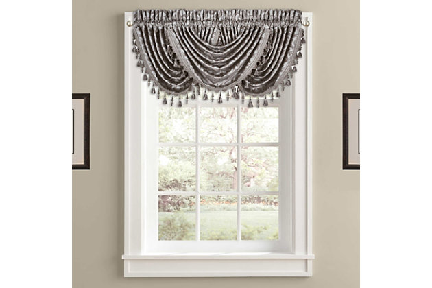 Evoking a mood of bygone elegance, the J. Queen New York Sicily - Pearl Window Waterfall Valance brings the past beautifully into the present. Sure to add a decorator touch to your home, this damask patterned window valance with waterfall draping is crafted with care and trimmed with crystal beaded tassels.Made of polyester | Trimmed with crystal beaded tassels | Matching curtain panels available, sold separately | Dry clean only | Imported