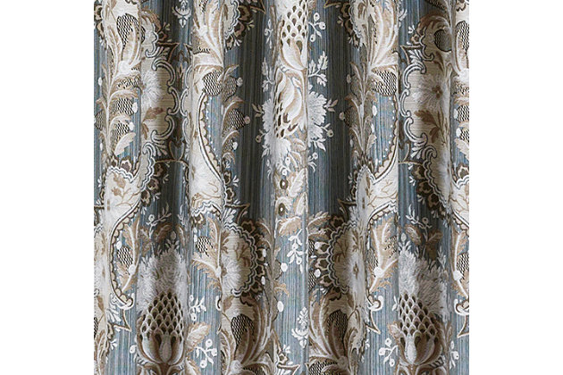 Evoking a mood of bygone elegance, the J. Queen New York Provence 84" Window Panel Pair brings the past beautifully into the present. Sure to add a decorator touch to your home, this set of damask patterned window panels is crafted with care, always cut from the same starting point to ensure panels match when hung side by side. Designed to fit rods up to 3" in diameter. Sold as a pair (2 window panels) | Made of polyester | Fits a rod up to 3" in diameter | Includes coordinating tiebacks | Dry clean only | Imported | Matching valance available, sold separately