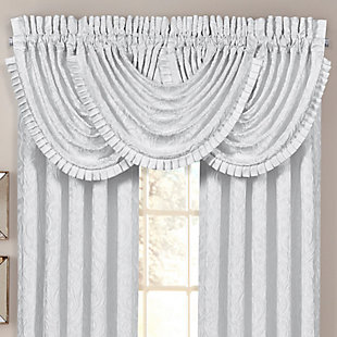 Evoking a mood of bygone elegance, the J. Queen New York Astoria - White Window Waterfall Valance brings the past beautifully into the present. Sure to add a decorator touch to your home, this damask patterned window valance with waterfall draping is crafted with care for the upscale aesthetic you desire.Made of polyester | Matching curtain panels available, sold separately | Dry clean only | Imported