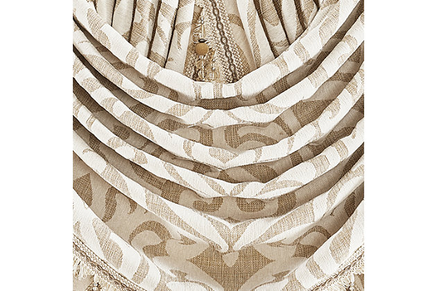 Evoking a mood of bygone elegance, the J. Queen New York Milano Window Waterfall Valance brings the past beautifully into the present. Sure to add a decorator touch to your home, this damask patterned window valance with waterfall draping and crystal fringe is crafted with care for the upscale aesthetic you desire.Made of polyester | Crystal fringe | Matching curtain panels available, sold separately | Dry clean only | Imported
