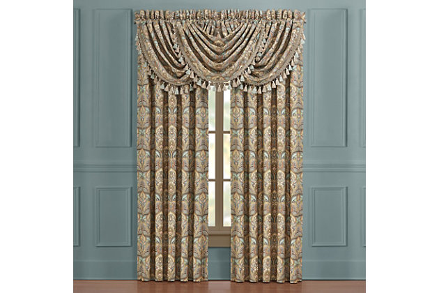 Evoking a mood of bygone elegance, the J. Queen New York Victoria - Turquoise Window Waterfall Valance brings the past beautifully into the present. Sure to add a decorator touch to your home, this damask patterned window valance with waterfall draping and tassel fringe is crafted with care for the upscale aesthetic you desire.Made of cotton | Tassel fringe | Matching curtain panels available, sold separately | Dry clean only | Imported