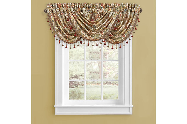 Add a sweeping element to a room with the Five Queens Court August Window Waterfall Valance. Its vibrant Jacobean floral pattern and earthy palette is enhanced with crystal tassel fringe for a touch of fancy. Made of cotton | Crystal tassel fringe | Matching curtain panels available, sold separately | Dry clean only | Imported