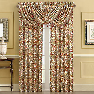 Add a sweeping element to a room with the Five Queens Court August Window Waterfall Valance. Its vibrant Jacobean floral pattern and earthy palette is enhanced with crystal tassel fringe for a touch of fancy. Made of cotton | Crystal tassel fringe | Matching curtain panels available, sold separately | Dry clean only | Imported