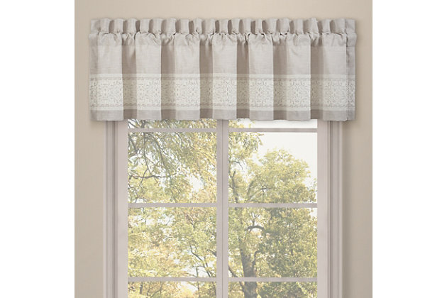 Delight in the beauty of simplicity with the J. Queen New York Lauralynn Window Straight Valance. Sporting an easy-breezy linen-like beige fabric, this window valance is beautified with an intricately detailed embroidered border. What a tasteful finishing touch for a richly understated aesthetic.Made of polyester | Straight valance | Embroidered detail | Dry clean only | Imported | Matching curtains available, sold separately