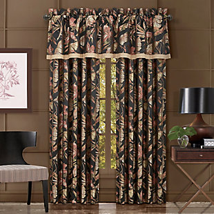 Load up on earthy tones and sumptuous texture with the J. Queen New York Martinique Window Straight Valance. Richly crafted with a lovely textured gold tweed fabric at the bottom, 3" header and 3" rod pocket, this valance is  dressed to impress in a printed tropical pattern fabric that makes easy elegance a breeze.Made of polyester | Straight valance | Pocket rod design (3" header and 3" rod pocket) | Dry clean only | Imported | Coordinating curtains available, sold separately