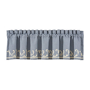 Embrace a mood of easy elegance with the J. Queen New York Aurora Window Straight Valance. This chic window treatment features a faux linen blue chambray look accentuated with ivory crewel scroll embroidery for a delightful twist. The 3" header and 3" rod pocket make this valance easy to hang.Made of polyester | Pocket rod design (3" header and 3" rod pocket) | Crewel embroidery | Dry clean only | Imported | Coordinating curtains available, sold separately