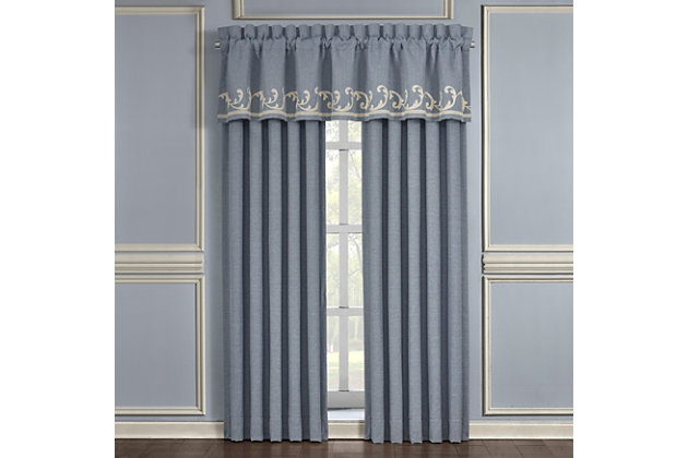 Embrace a mood of easy elegance with the J. Queen New York Aurora Window Straight Valance. This chic window treatment features a faux linen blue chambray look accentuated with ivory crewel scroll embroidery for a delightful twist. The 3" header and 3" rod pocket make this valance easy to hang.Made of polyester | Pocket rod design (3" header and 3" rod pocket) | Crewel embroidery | Dry clean only | Imported | Coordinating curtains available, sold separately