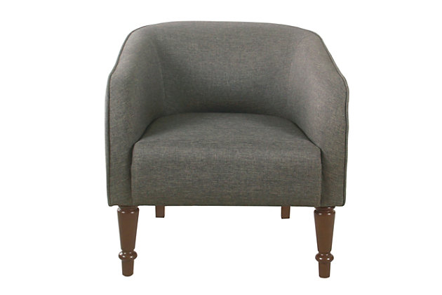 Our traditional barrel chair will add fun and fashion to your living room, bedroom or entryway. With a textured gray woven fabric and contrasting dark walnut finished legs, our traditional barrel chair offers a sophisticated look to any home.  Pair two together for a bold seating solution. Easy to assemble and maintain.Medium firm cushion for comfort and durability | Wood legs in dark walnut finish | Grey woven fabric | 19.5" seat height | Dimensions: 30.3 inches high x 29 inches wide by 30 inches deep | Material: Wood, Polyester | Capacity: Supports up to 250 pounds | Care and Cleaning: Spot Clean Only | Weight: 27.9 pounds