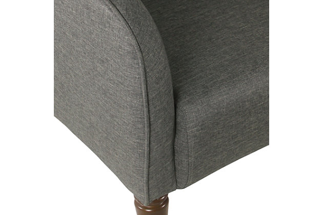 Our traditional barrel chair will add fun and fashion to your living room, bedroom or entryway. With a textured gray woven fabric and contrasting dark walnut finished legs, our traditional barrel chair offers a sophisticated look to any home.  Pair two together for a bold seating solution. Easy to assemble and maintain.Medium firm cushion for comfort and durability | Wood legs in dark walnut finish | Grey woven fabric | 19.5" seat height | Dimensions: 30.3 inches high x 29 inches wide by 30 inches deep | Material: Wood, Polyester | Capacity: Supports up to 250 pounds | Care and Cleaning: Spot Clean Only | Weight: 27.9 pounds