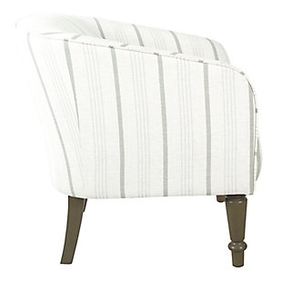 Our traditional barrel chair will add fun and fashion to your living room, bedroom or entryway. With a dove-gray  woven striped  fabric and contrasting gray wash finished legs, our traditional barrel chair offers a sophisticated look to any home.  Pair two together for a bold seating solution. Easy to assemble and maintain.Medium firm cushion for comfort and durability | Wood legs in grey washed finish | Grey stripe poly/linen fabric | 19.5" seat height | Dimensions: 30.3 inches high x 29 inches wide by 30 inches deep | Material: Wood, Polyester, Linen | Capacity: Supports up to 250 pounds | Care and Cleaning: Spot Clean Only | Weight: 27.9 pounds
