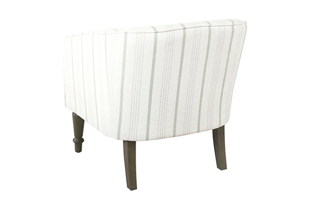 Our traditional barrel chair will add fun and fashion to your living room, bedroom or entryway. With a dove-gray  woven striped  fabric and contrasting gray wash finished legs, our traditional barrel chair offers a sophisticated look to any home.  Pair two together for a bold seating solution. Easy to assemble and maintain.Medium firm cushion for comfort and durability | Wood legs in grey washed finish | Grey stripe poly/linen fabric | 19.5" seat height | Dimensions: 30.3 inches high x 29 inches wide by 30 inches deep | Material: Wood, Polyester, Linen | Capacity: Supports up to 250 pounds | Care and Cleaning: Spot Clean Only | Weight: 27.9 pounds