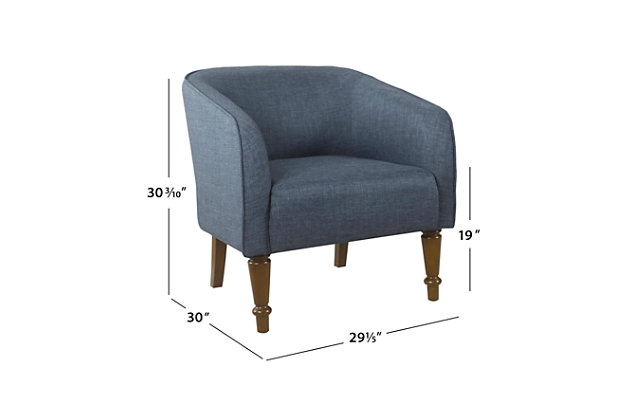 Our traditional barrel chair will add fun and fashion to your living room, bedroom or entryway. With a textured navy blue woven fabric and contrasting espresso finished, our traditional barrel chair offers a sophisticated look to any home.  Pair two together for a bold seating solution. Easy to assemble and maintain.Medium firm cushion for comfort and durability | Wood legs in dark walnut finish | Navy blue woven fabric | 19.5" seat height | Dimensions: 30.3 inches high x 29 inches wide by 30 inches deep | Material: Wood, Polyester | Capacity: Supports up to 250 pounds | Care and Cleaning: Spot Clean Only | Weight: 27.9 pounds