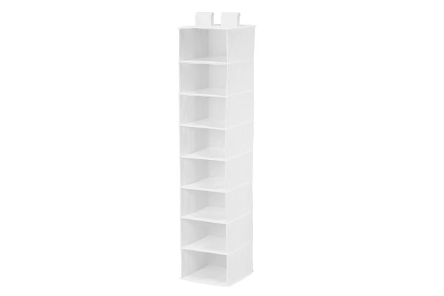 Honey-Can-Do SFT-01239 8-Shelf Hanging Vertical Closet Organizer, White Polyester. Turn a jumbled mess into a well-organized closet with our soft storage solutions. This durable piece keeps clutter at bay using every inch of available space for endless storage possibilities. This organizer has reinforced shelves for great capacity and easily attaches directly to your closet rod with Velcro-style straps. Perfect for organizing bulky sweaters, pants, shirts, and bags. One item in Honey-Can-Do's mix and match collection of sturdy polyester closet organizers available in several colors, it's a perfect blend of economy and strength.  Matching storage drawers (SFT-01241), sold separately, instantly create more space for socks, undergarments, and accessories.Hangs for easy storage | 8 wide shelves | Durable polyester material