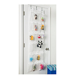 Honey-Can-Do SFT-01242 24-Pocket Over-The-Door Closet Organizer, White Polyester. Turn a jumbled mess into a well-kept closet with this 24-Pocket shoe and accessory organizer. Easily hangs over any traditional closet door to keep 12-pair of shoes organized, off the floor, and out of sight. Complete with hanging hooks, this versatile organizer can also be used to store jewelry, scarves, gloves, craft supplies, small toys, or handheld electronics. Quickly find what you're looking for through the clear vinyl pouches. One item in Honey-Can-Do's mix and match collection of sturdy hanging organizers available in several colors, it's a perfect blend of economy and strength.Holds 12 pairs of shoes | Coordinating pieces available | Over-the-door design