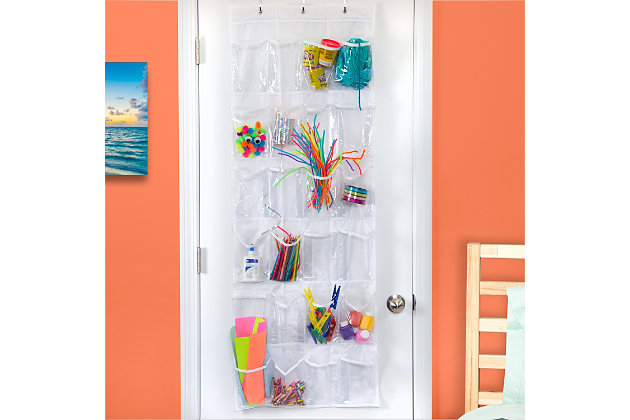 Honey-Can-Do SFT-01242 24-Pocket Over-The-Door Closet Organizer, White Polyester. Turn a jumbled mess into a well-kept closet with this 24-Pocket shoe and accessory organizer. Easily hangs over any traditional closet door to keep 12-pair of shoes organized, off the floor, and out of sight. Complete with hanging hooks, this versatile organizer can also be used to store jewelry, scarves, gloves, craft supplies, small toys, or handheld electronics. Quickly find what you're looking for through the clear vinyl pouches. One item in Honey-Can-Do's mix and match collection of sturdy hanging organizers available in several colors, it's a perfect blend of economy and strength.Holds 12 pairs of shoes | Coordinating pieces available | Over-the-door design