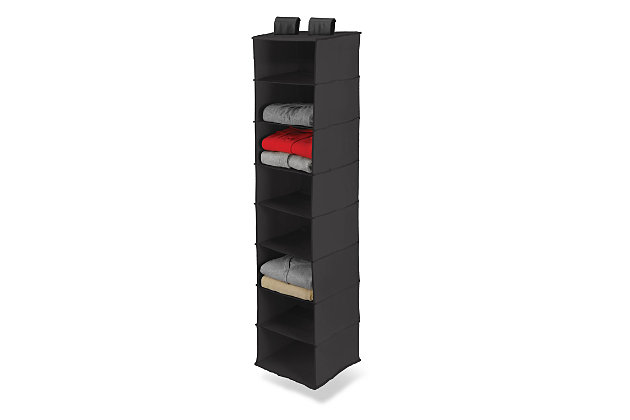 Honey-Can-Do SFT-01246 8-Shelf Hanging Vertical Closet Organizer, Black Polyester. Turn a jumbled mess into a well-organized closet with our soft storage solutions. This durable piece keeps clutter at bay using every inch of available space for endless storage possibilities. This organizer has reinforced shelves for great capacity and easily attaches directly to your closet rod with Velcro-style straps. Perfect for organizing bulky sweaters, pants, shirts, and bags. One item in Honey-Can-Do's mix and match collection of sturdy polyester closet organizers available in several colors, it's a perfect blend of economy and strength.

Matching storage drawers (SFT-01248), sold separately, instantly create more space for socks, undergarments, and accessories.Hangs for easy storage | 8 wide shelves | Durable polyester material