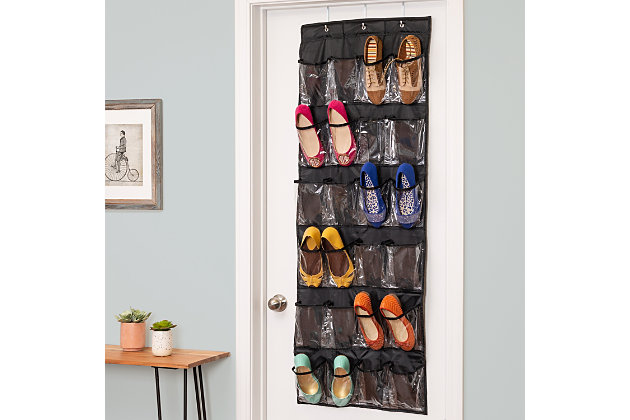 Honey-Can-Do SFT-01249 24-Pocket Over-The-Door Closet Organizer, Black Polyester. Turn a jumbled mess into a well-kept closet with this 24-Pocket shoe and accessory organizer. Easily hangs over any traditional closet door to keep 12-pair of shoes organized, off the floor, and out of sight. Complete with hanging hooks, this versatile organizer can also be used to store jewelry, scarves, gloves, craft supplies, small toys, or handheld electronics. Quickly find what you're looking for through the clear vinyl pouches. One item in Honey-Can-Do's mix and match collection of sturdy hanging organizers available in several colors, it's a perfect blend of economy and strength.Holds 12 pairs of shoes | Coordinating pieces available | Over-the-door design