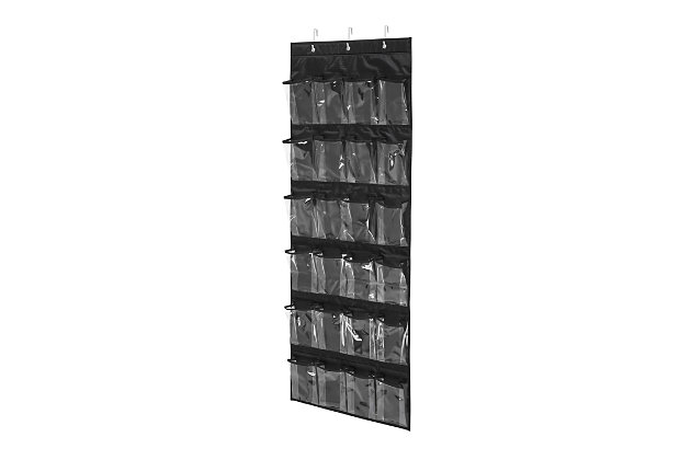 Honey-Can-Do SFT-01249 24-Pocket Over-The-Door Closet Organizer, Black Polyester. Turn a jumbled mess into a well-kept closet with this 24-Pocket shoe and accessory organizer. Easily hangs over any traditional closet door to keep 12-pair of shoes organized, off the floor, and out of sight. Complete with hanging hooks, this versatile organizer can also be used to store jewelry, scarves, gloves, craft supplies, small toys, or handheld electronics. Quickly find what you're looking for through the clear vinyl pouches. One item in Honey-Can-Do's mix and match collection of sturdy hanging organizers available in several colors, it's a perfect blend of economy and strength.Holds 12 pairs of shoes | Coordinating pieces available | Over-the-door design