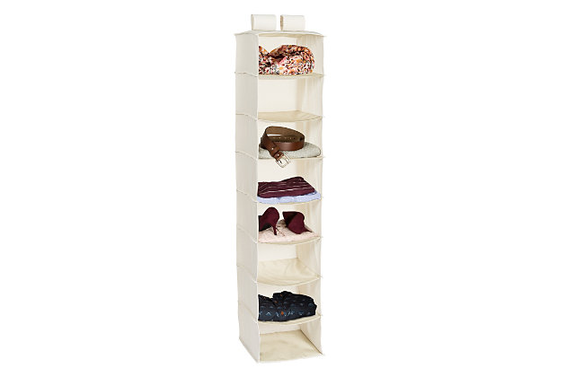 Honey-Can-Do SFT-01253 8-Shelf Hanging Vertical Closet Organizer, Natural Canvas. Turn a jumbled mess into a well-organized closet with our soft storage solutions. This durable piece keeps clutter at bay using every inch of available space for endless storage possibilities. This organizer has reinforced shelves for great capacity and easily attaches directly to your closet rod with Velcro-style straps. Perfect for organizing bulky sweaters, pants, shirts, and bags. One item in Honey-Can-Do's mix and match collection of sturdy canvas closet organizers available in several colors, it's a perfect blend of economy, strength, and style.

Matching storage drawers (SFT-01255), sold separately, instantly create more space for socks, undergarments, and accessories.Hangs for easy storage | 8 wide shelves | High quality fabric