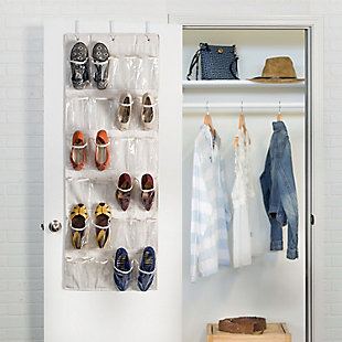Honey-Can-Do SFT-01256 24-Pocket Over-The-Door Closet Organizer, Natural Canvas. Turn a jumbled mess into a well-kept closet with this 24-Pocket shoe and accessory organizer. Easily hangs over any traditional closet door to keep 12-pair of shoes organized, off the floor, and out of sight. Complete with hanging hooks, this versatile organizer can also be used to store jewelry, scarves, gloves, craft supplies, small toys, or handheld electronics in an easy to access format. One item in Honey-Can-Do's mix and match collection of sturdy hanging organizers available in several colors, it's a perfect blend of economy and strength.Holds 12 pairs of shoes | Coordinating pieces available | Over-the-door design