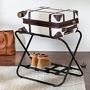 When the guests arrive, you want to provide a comforting space. Pull this collapsible luggage rack out of the closet and set it up for their belongings. It's sturdy x-frame design can hold up to 100-lbs, so it's perfect for everyone except your sister-in-law who has been known to overpack.Welcoming luggage rack for house guests or quick storage | Folds easily - great for under the bed or tucked away in the closet | Steel and sturdy straps hold strong under pressure of suitcase; holds 100lbs | Material: chrome with nylon straps