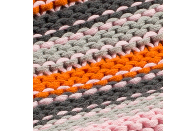 Soft and bright with a classic linear pattern, this all-cotton knit throw is a playful addition to your room decor. Its gray, orange and pink hues are accentuated with detailed stitching for rich texture. Drape across an accent chair or sofa for a subtle touch of spirited color.Made of cotton | Imported | Dry clean only