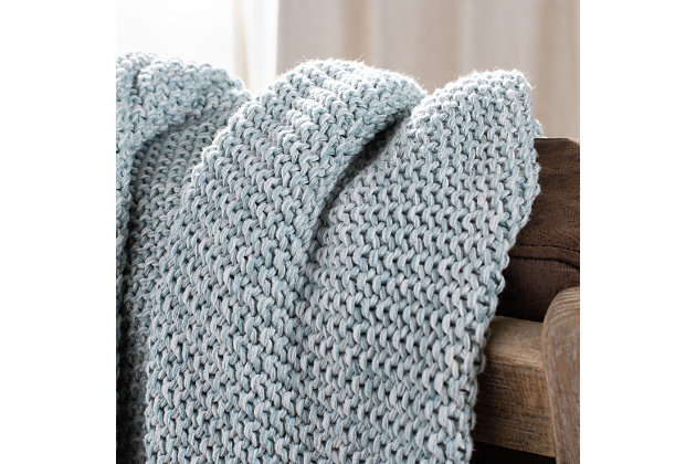 Breathe in, breathe out and relax. Cool and cozy, this knit throw embraces everyone with warmth and joy. Reminiscent of calming waters and the rhythm of ocean waves, its serene blue hue is an instant path to inner peace on a favorite chair or sofa. Its finely crafted cotton design makes it a natural beauty.Made of cotton | Imported | Dry clean only