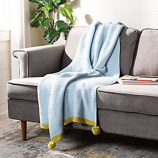 Inspired by Americana craft art, this throw is an instant charmer. Alluring gray tones are accented with a contrasting yellow border and matching pom poms for an inviting look and playful feel. It’s woven with 100% cotton for unmistakable softness.Made of cotton | Imported | Dry clean only