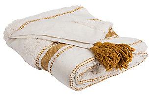 Featuring finely embroidered stripes, dots and chevrons, this throw lends an artistic sense of depth to room decor. The raised-pattern design and playful tassels offer must-touch texture, beautifully blending rustic-chic style with subtle hints of glamour in cream and mustard tones. This designer throw is made using 100% cotton for lasting comfort and quality.Made of cotton | Imported | Dry clean only