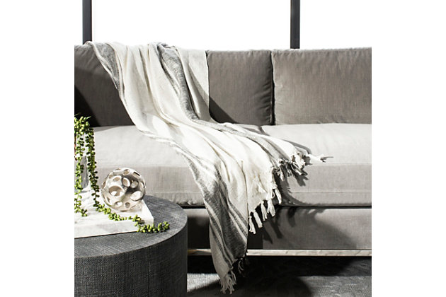 Warm, welcoming and accented with a touch of glimmer that’s all in good taste, this masterful metallic throw adds class and charm to your room decor. An ideal accessory to embellish the look and feel of any sofa, loveseat or accent chair, it’s crafted of pure, soft cotton and enhanced with decorative fringed ends.Made of cotton | Imported | Machine washable
