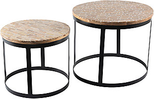 Our abrazo collection offers an accenturing presentation of the modern form that will competently revitalize your decor space. These pieces are hand crafted, creating a certain atmospheric sophistication that can only be created by a handmade decor piece.  for optimal product care, wipe clean with a dry cloth. Manufacturers 30 day limited warranty.Nesting table set (2 pieces) | Colors: base: black | Materials: top: wood, base: metal | Created in india