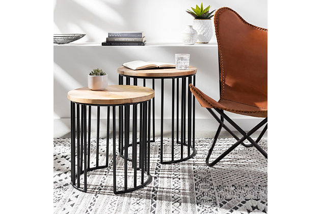 Our Ansh Collection offers an Accenturing presentation of the modern form that will competently revitalize your decor space. These pieces are hand crafted, creating a certain atmospheric sophistication that can only be created by a handmade decor piece.  For optimal product care, wipe clean with a dry cloth. Manufacturers 30 Day Limited Warranty.Nesting Table Set (2 pieces) | Colors: Base: Black | Materials: Top: Wood, Base: Metal | Created in India
