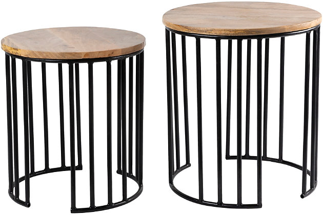 Our Ansh Collection offers an Accenturing presentation of the modern form that will competently revitalize your decor space. These pieces are hand crafted, creating a certain atmospheric sophistication that can only be created by a handmade decor piece.  For optimal product care, wipe clean with a dry cloth. Manufacturers 30 Day Limited Warranty.Nesting Table Set (2 pieces) | Colors: Base: Black | Materials: Top: Wood, Base: Metal | Created in India