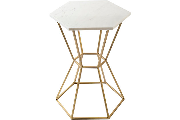 Our Element Collection offers an Accenturing presentation of the modern form that will competently revitalize your decor space. These pieces are hand crafted, creating a certain atmospheric sophistication that can only be created by a handmade decor piece.  For optimal product care, wipe clean with a dry cloth. Manufacturers 30 Day Limited Warranty.Accent Table | Colors: Top: White, Base: Gold | Materials: Top: Marble, Base: Metal | Created in India