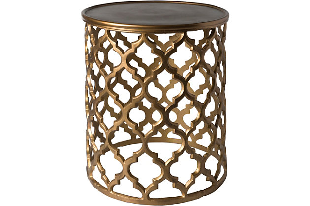 Our Hammett Collection offers an Accenturing presentation of the modern form that will competently revitalize your decor space.   For optimal product care, wipe clean with a dry cloth. Manufacturers 30 Day Limited Warranty.Accent Table | Colors: Top: Tan, Base: Tan | Materials: Top: Metal, Base: Metal | Created in India