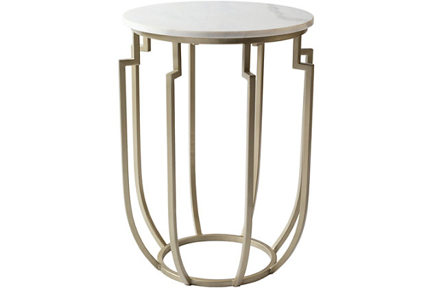 Our haccentrix collection offers an accenturing presentation of the modern form that will competently revitalize your decor space. These pieces are hand crafted, creating a certain atmospheric sophistication that can only be created by a handmade decor piece.  for optimal product care, wipe clean with a dry cloth. Manufacturers 30 day limited warranty.Accent table | Colors: top: white, base: champagne | Materials: top: marble, base: metal | Created in india