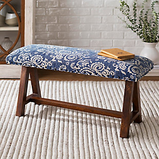 Embodying time-honored designs that have been revered for generations, the Kanpur Collection redefines vintage charm from room to room within any home décor.   For optimal product care, wipe clean with a dry cloth. Manufacturers 30 Day Limited Warranty.Upholstered Bench | Colors: Top: Navy, White | Materials: Top: Cotton, Base: Wood | Created in India