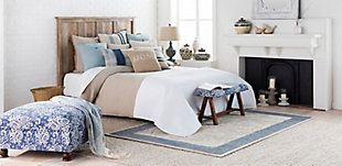 Embodying time-honored designs that have been revered for generations, the Kanpur Collection redefines vintage charm from room to room within any home décor.   For optimal product care, wipe clean with a dry cloth. Manufacturers 30 Day Limited Warranty.Upholstered Bench | Colors: Top: Navy, White | Materials: Top: Cotton, Base: Wood | Created in India