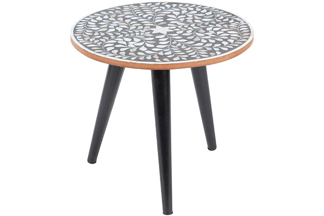 Our kaira collection offers an accenturing presentation of the modern form that will competently revitalize your decor space. These pieces are hand crafted, creating a certain atmospheric sophistication that can only be created by a handmade decor piece.  for optimal product care, wipe clean with a dry cloth. Manufacturers 30 day limited warranty.Accent table | Colors: top: black, base: black | Materials: top: bone,wood, base: metal | Created in india