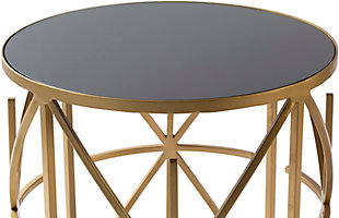 Our Parisian Collection offers an Accenturing presentation of the modern form that will competently revitalize your decor space. These pieces are hand crafted, creating a certain atmospheric sophistication that can only be created by a handmade decor piece.  For optimal product care, wipe clean with a dry cloth. Manufacturers 30 Day Limited Warranty.Accent Table | Colors: Top: Black, Base: Gold | Materials: Top: Glass, Base: Metal | Created in India