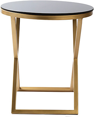 Our Parisian Collection offers an Accenturing presentation of the modern form that will competently revitalize your decor space. These pieces are hand crafted, creating a certain atmospheric sophistication that can only be created by a handmade decor piece.  For optimal product care, wipe clean with a dry cloth. Manufacturers 30 Day Limited Warranty.Accent Table | Colors: Top: Black, Base: Gold | Materials: Top: Glass, Base: Metal | Created in India